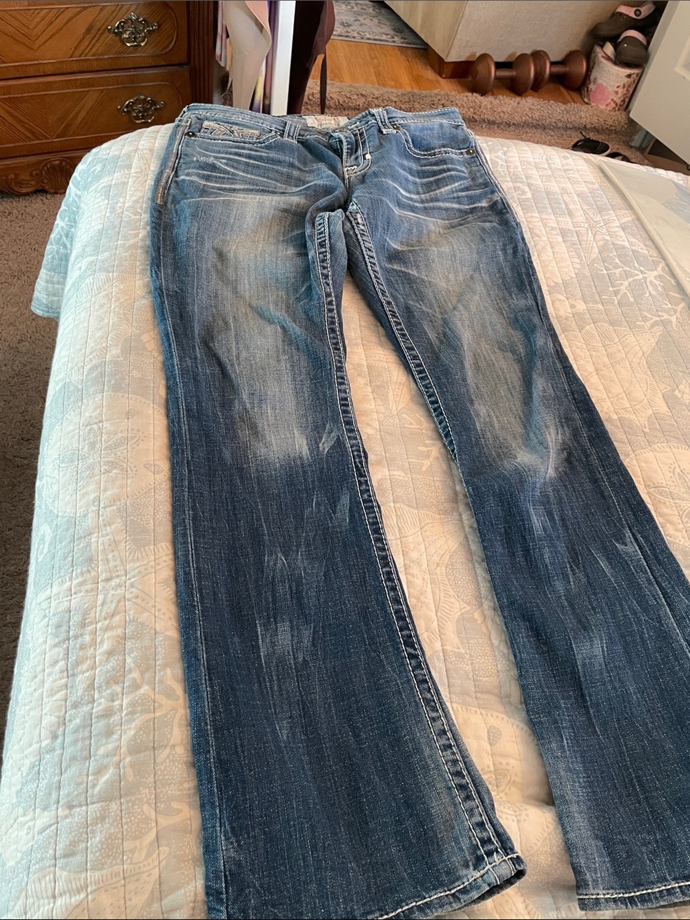 Big Star Women's Distressed Blue Denim Jeans with Embellishment Pocket - Picture 15 of 16